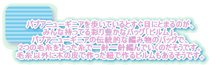 �p�v�A�j���[�M�j�A������Ă���Ƃ����ڂɂƂ܂�̂��A �݂�Ȏ����Ă�ʂ�L���ȃo�b�O�u�r�����v�B �p�v�A�j���[�M�j�A�̓`���I�ȕ҂ݕ��̃o�b�O�ŁA 2�̖ю�����������ň�j��j�D���Ă����̂������ł��B �ю��ȊO�ɖ؂̔�ō�����R�ō��r���������邻���ł��B 